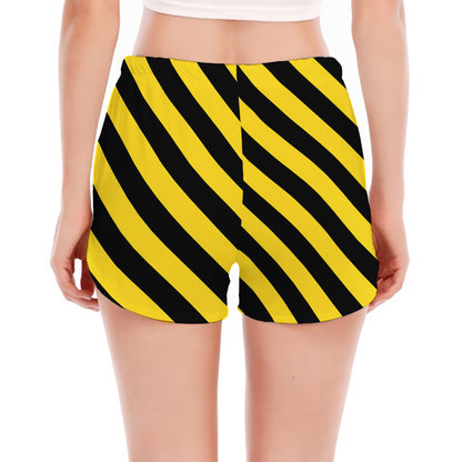 Black And Yellow Warning Striped Print Women's Split Running Shorts