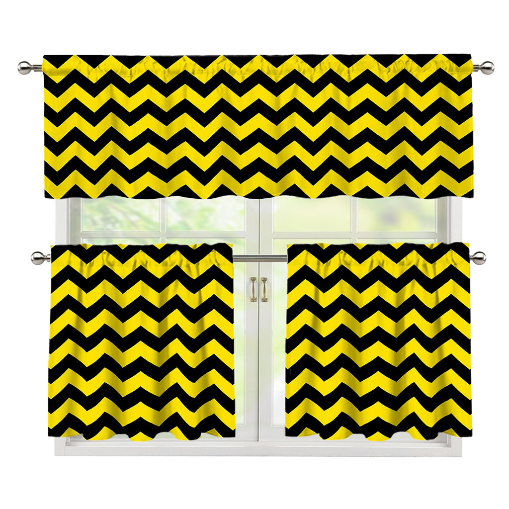 Black And Yellow Zigzag Pattern Print 3 Piece Kitchen Curtains