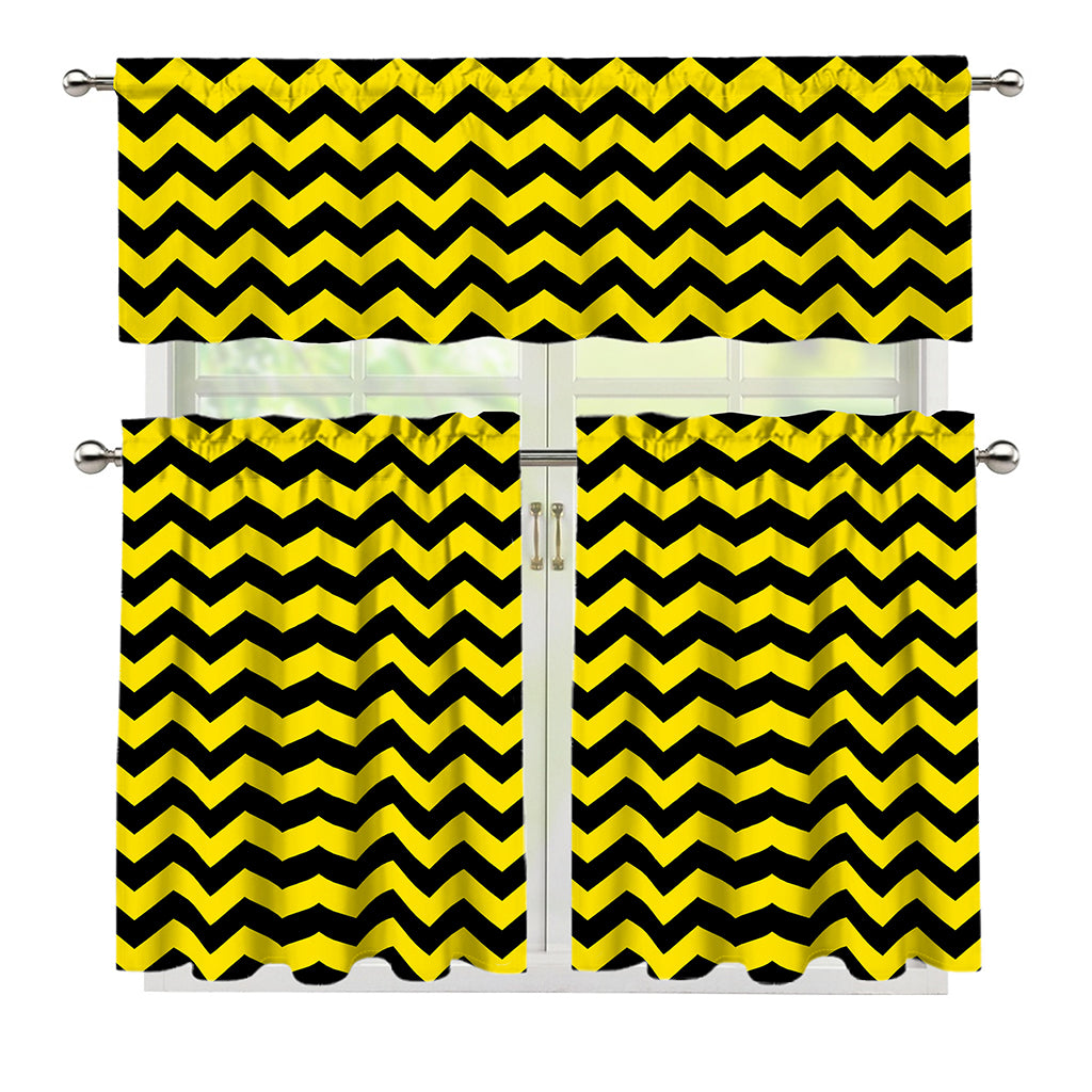 Black And Yellow Zigzag Pattern Print 3 Piece Kitchen Curtains