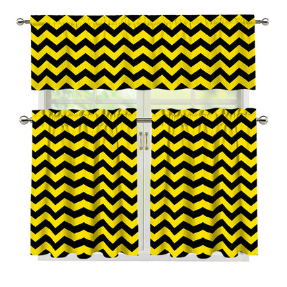 Black And Yellow Zigzag Pattern Print 3 Piece Kitchen Curtains