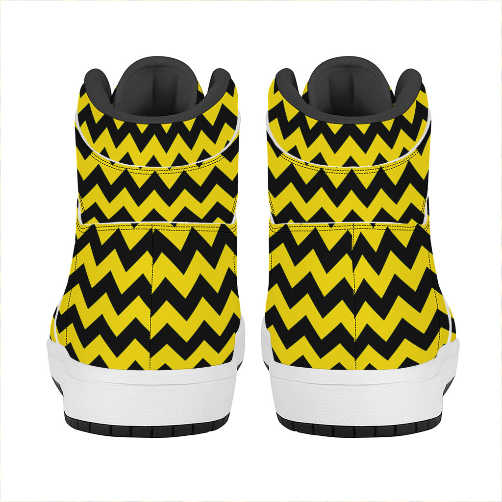 Black And Yellow Zigzag Pattern Print High Top Leather Sneakers