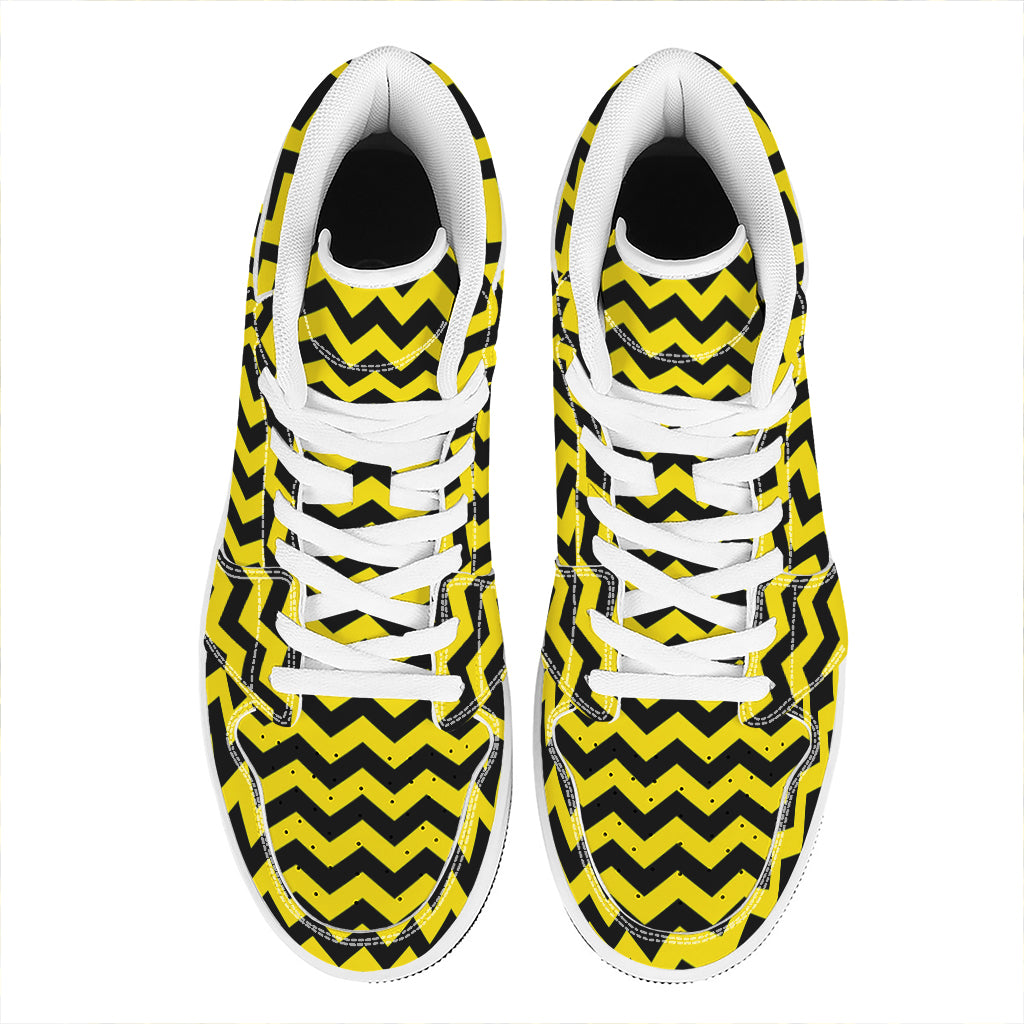 Black And Yellow Zigzag Pattern Print High Top Leather Sneakers