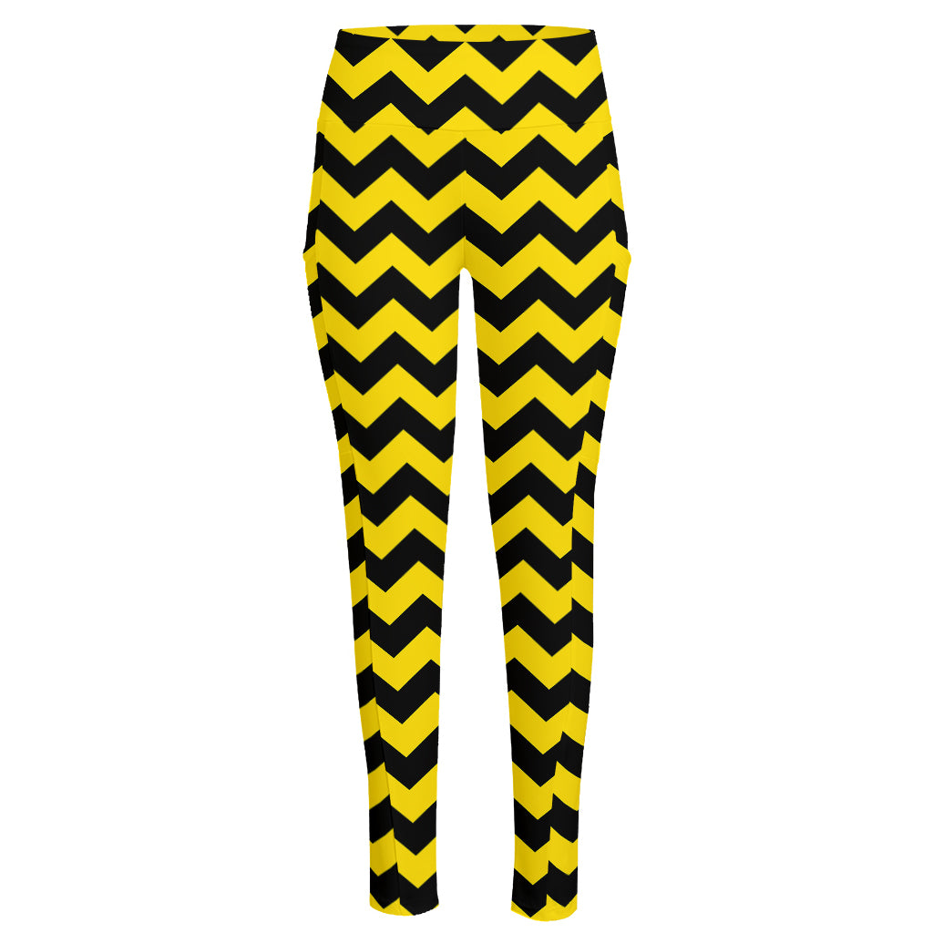 Black And Yellow Zigzag Pattern Print High-Waisted Pocket Leggings