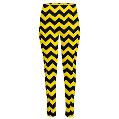 Black And Yellow Zigzag Pattern Print High-Waisted Pocket Leggings
