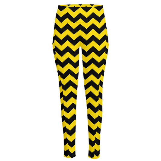 Black And Yellow Zigzag Pattern Print High-Waisted Pocket Leggings