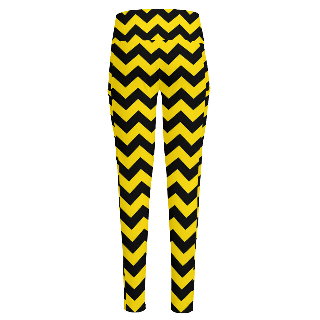 Black And Yellow Zigzag Pattern Print High-Waisted Pocket Leggings