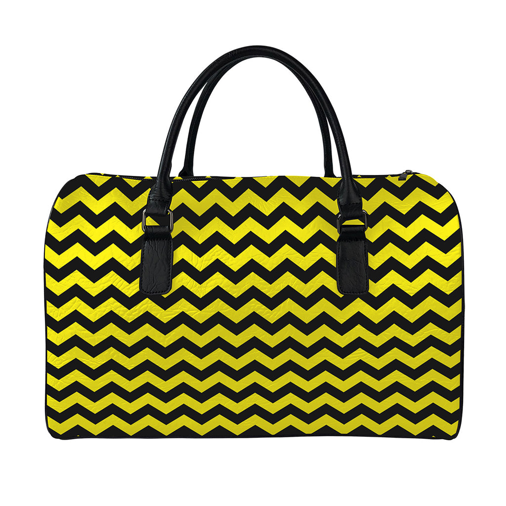 Black And Yellow Zigzag Pattern Print Leather Duffle Bag