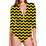 Black And Yellow Zigzag Pattern Print Long Sleeve Swimsuit