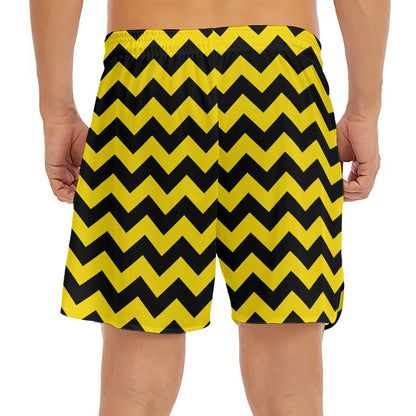 Black And Yellow Zigzag Pattern Print Men's Split Running Shorts