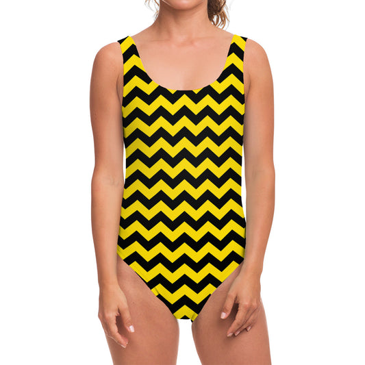 Black And Yellow Zigzag Pattern Print One Piece Swimsuit