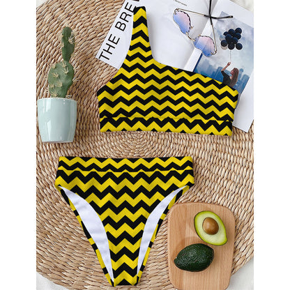 Black And Yellow Zigzag Pattern Print One Shoulder Bikini Top
