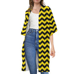 Black And Yellow Zigzag Pattern Print Open Front Beach Cover Up