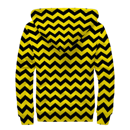Black And Yellow Zigzag Pattern Print Sherpa Lined Zip Up Hoodie
