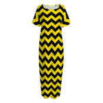 Black And Yellow Zigzag Pattern Print Short Sleeve Long Nightdress
