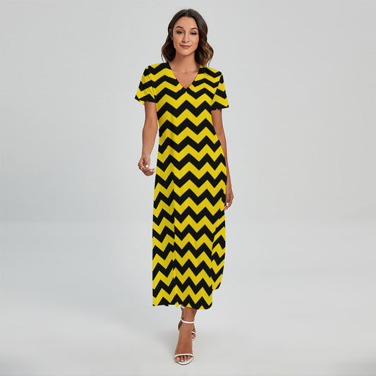 Black And Yellow Zigzag Pattern Print Short Sleeve Maxi Dress