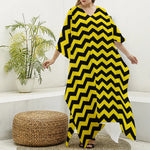 Black And Yellow Zigzag Pattern Print Silk V-Neck Kaftan Dress
