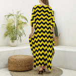 Black And Yellow Zigzag Pattern Print Silk V-Neck Kaftan Dress