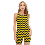 Black And Yellow Zigzag Pattern Print Sleeveless One Piece Swimsuit