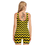 Black And Yellow Zigzag Pattern Print Sleeveless One Piece Swimsuit