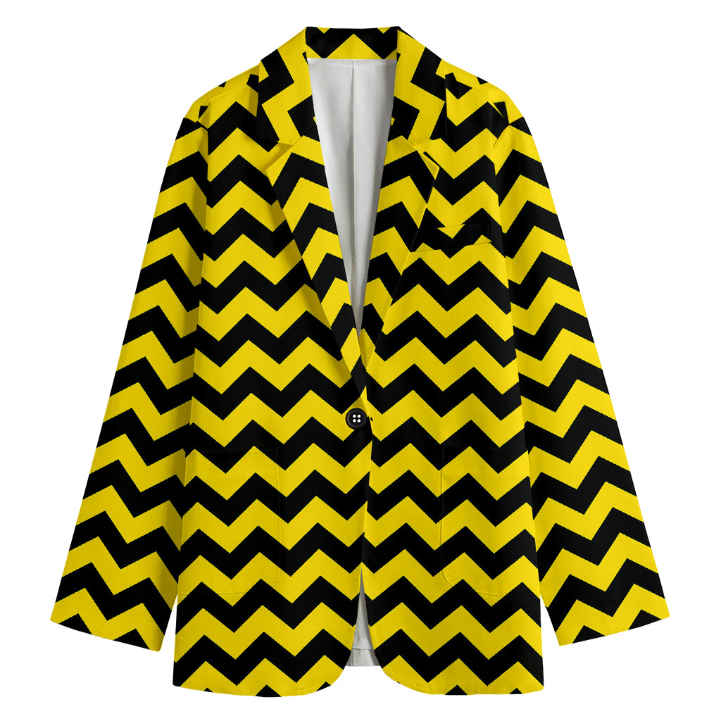 Black And Yellow Zigzag Pattern Print Women's Cotton Blazer