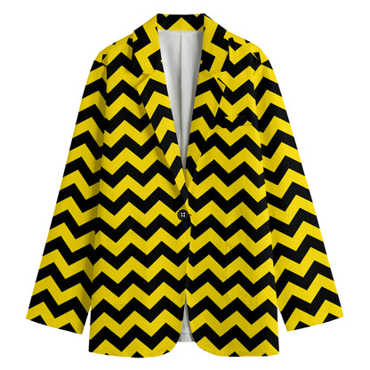 Black And Yellow Zigzag Pattern Print Women's Cotton Blazer