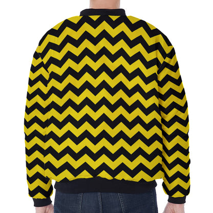 Black And Yellow Zigzag Pattern Print Zip Sleeve Bomber Jacket