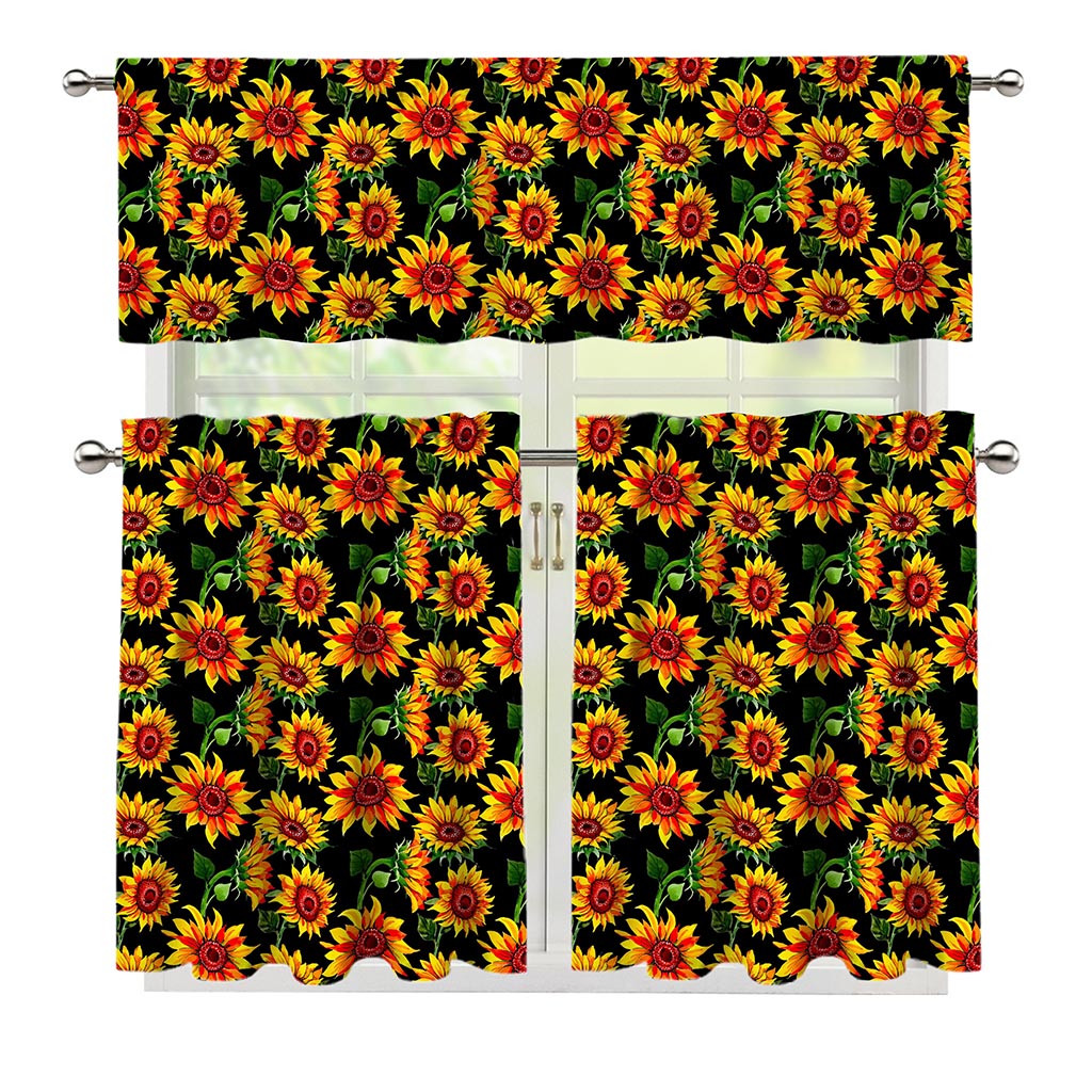 Black Autumn Sunflower Pattern Print 3 Piece Kitchen Curtains