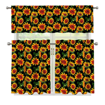 Black Autumn Sunflower Pattern Print 3 Piece Kitchen Curtains