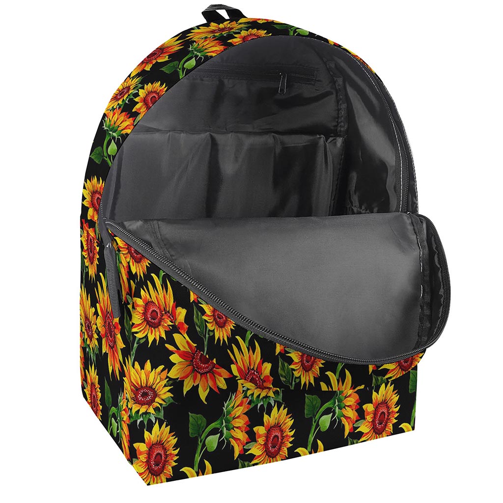 Black Autumn Sunflower Pattern Print Backpack