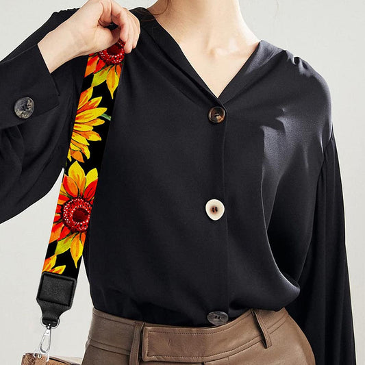 Black Autumn Sunflower Pattern Print Bag Strap