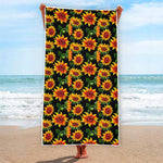 Black Autumn Sunflower Pattern Print Beach Towel