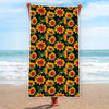 Black Autumn Sunflower Pattern Print Beach Towel