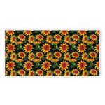 Black Autumn Sunflower Pattern Print Beach Towel