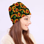 Black Autumn Sunflower Pattern Print Beanie