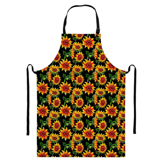 Black Autumn Sunflower Pattern Print Bib Apron With Pocket
