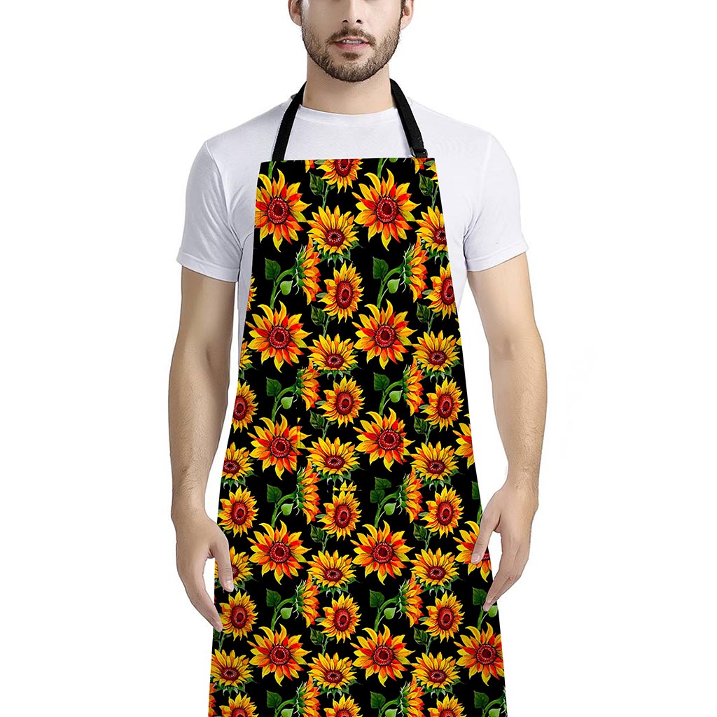 Black Autumn Sunflower Pattern Print Bib Apron With Pocket