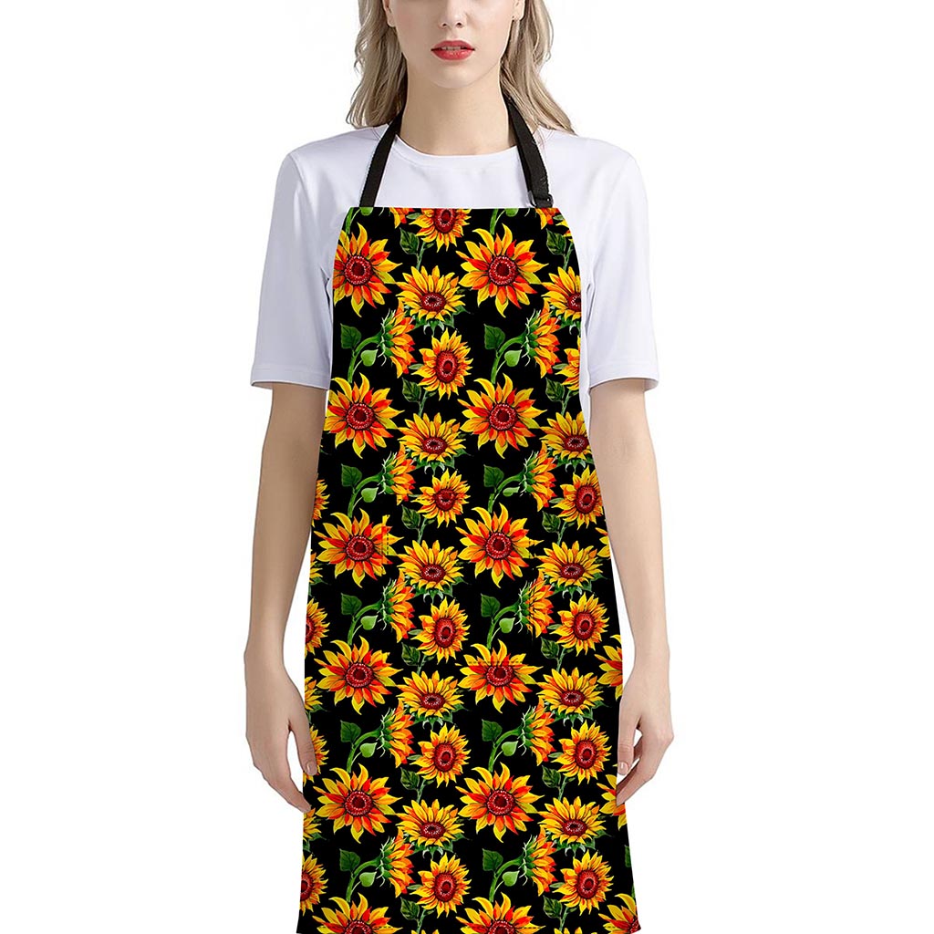 Black Autumn Sunflower Pattern Print Bib Apron With Pocket
