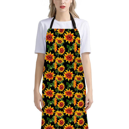 Black Autumn Sunflower Pattern Print Bib Apron With Pocket