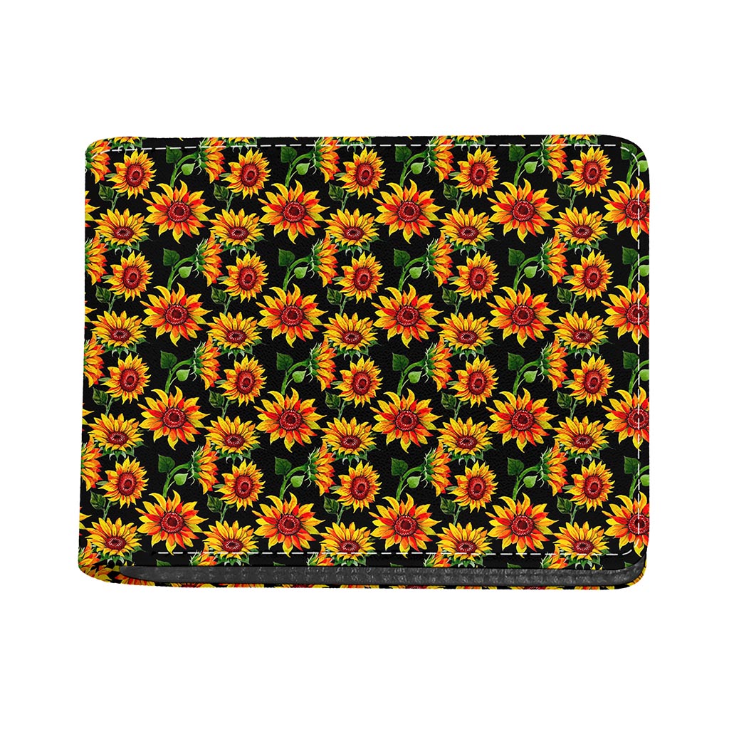 Black Autumn Sunflower Pattern Print Bifold Wallet