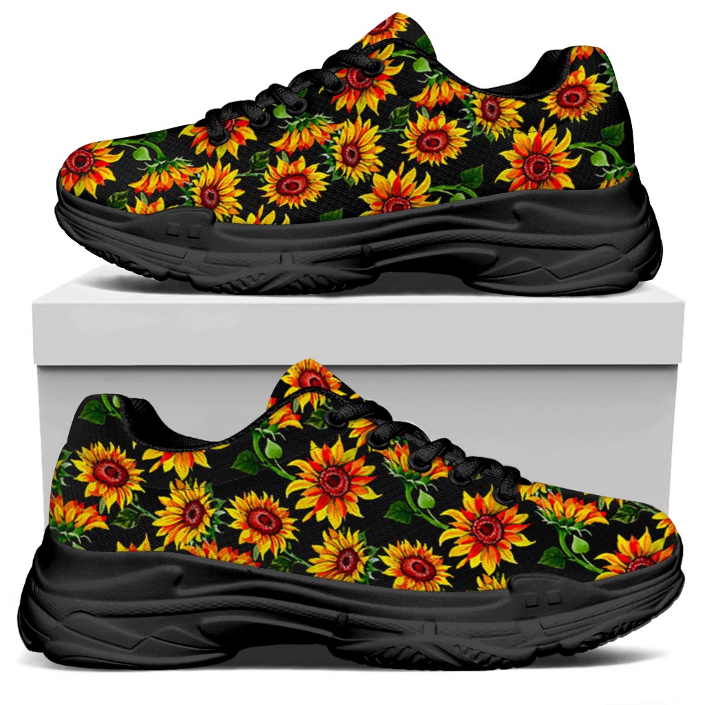 Black Autumn Sunflower Pattern Print Black Chunky Shoes