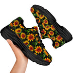 Black Autumn Sunflower Pattern Print Black Chunky Shoes