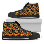 Black Autumn Sunflower Pattern Print Black High Top Sneakers