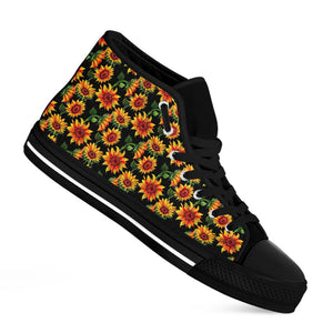 Black Autumn Sunflower Pattern Print Black High Top Sneakers
