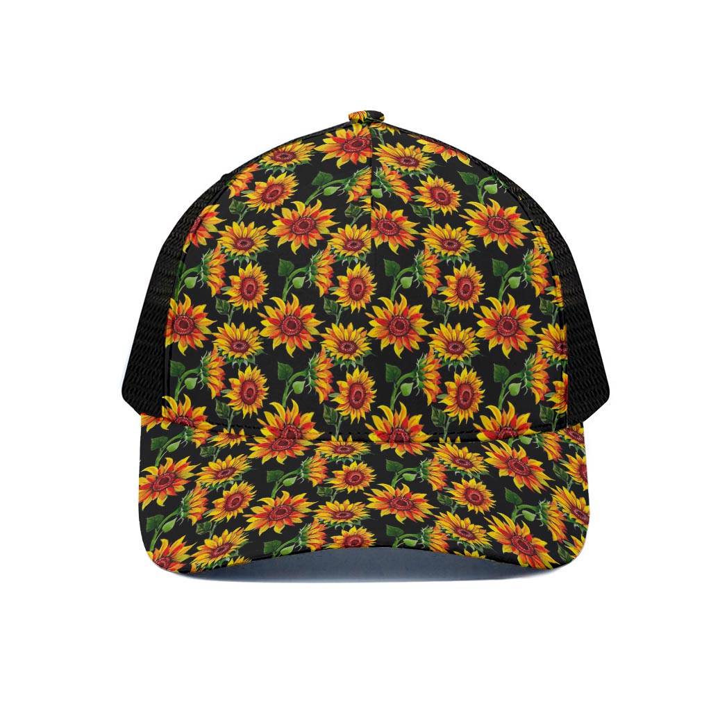 Black Autumn Sunflower Pattern Print Black Mesh Trucker Cap