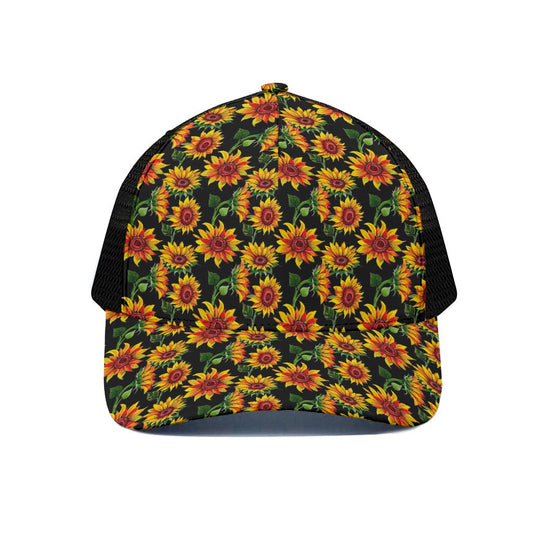 Black Autumn Sunflower Pattern Print Black Mesh Trucker Cap