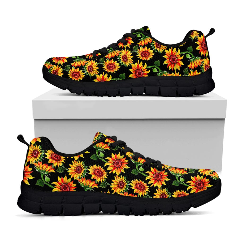 Black Autumn Sunflower Pattern Print Black Running Shoes