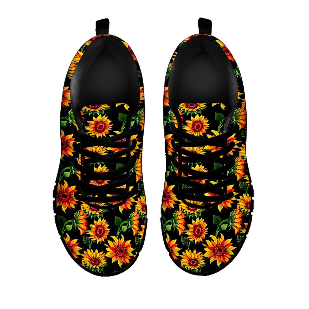 Black Autumn Sunflower Pattern Print Black Running Shoes