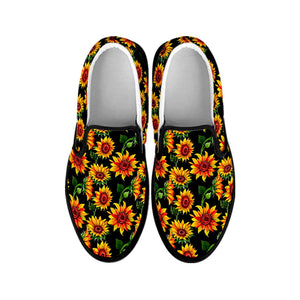 Black Autumn Sunflower Pattern Print Black Slip On Sneakers