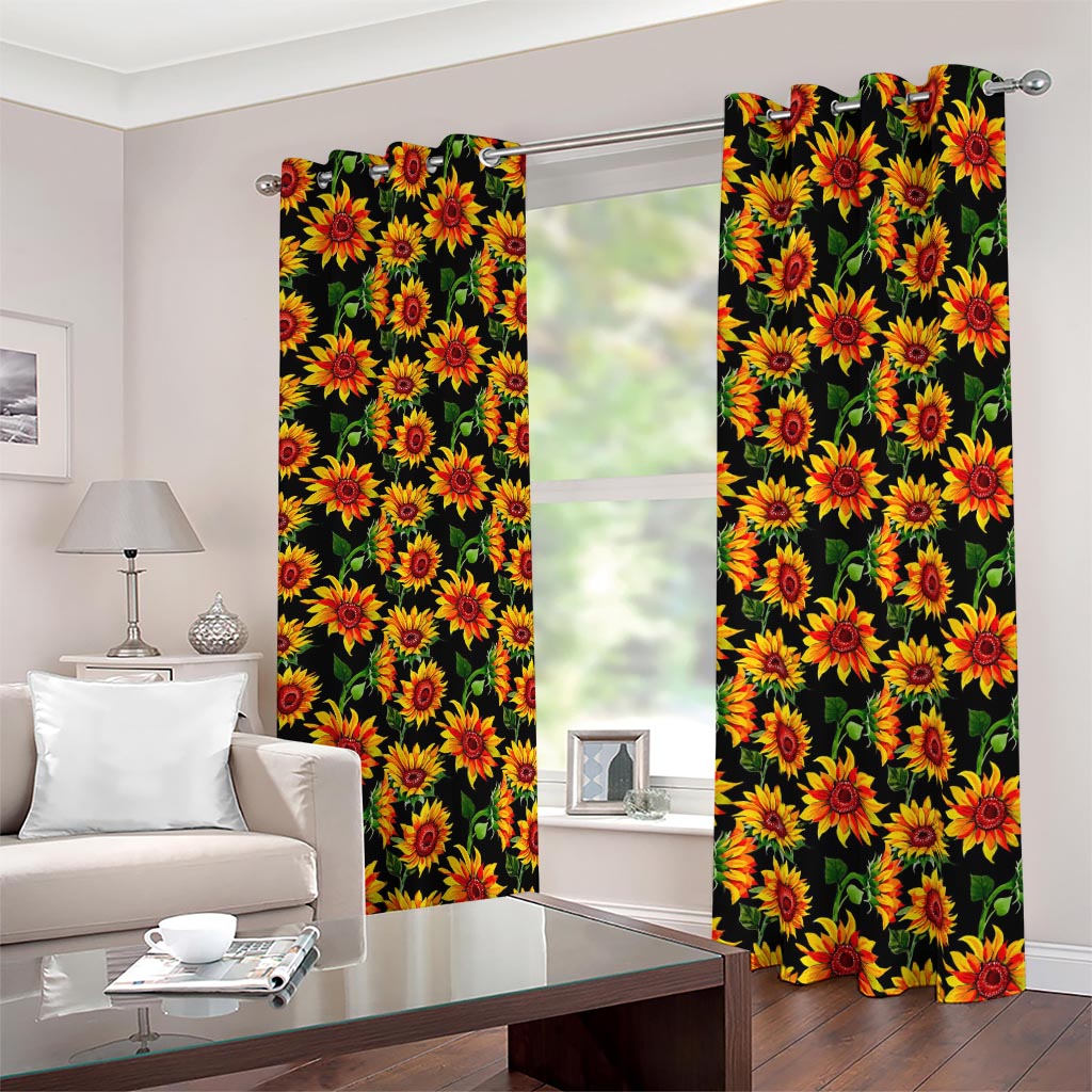 Black Autumn Sunflower Pattern Print Blackout Grommet Curtains