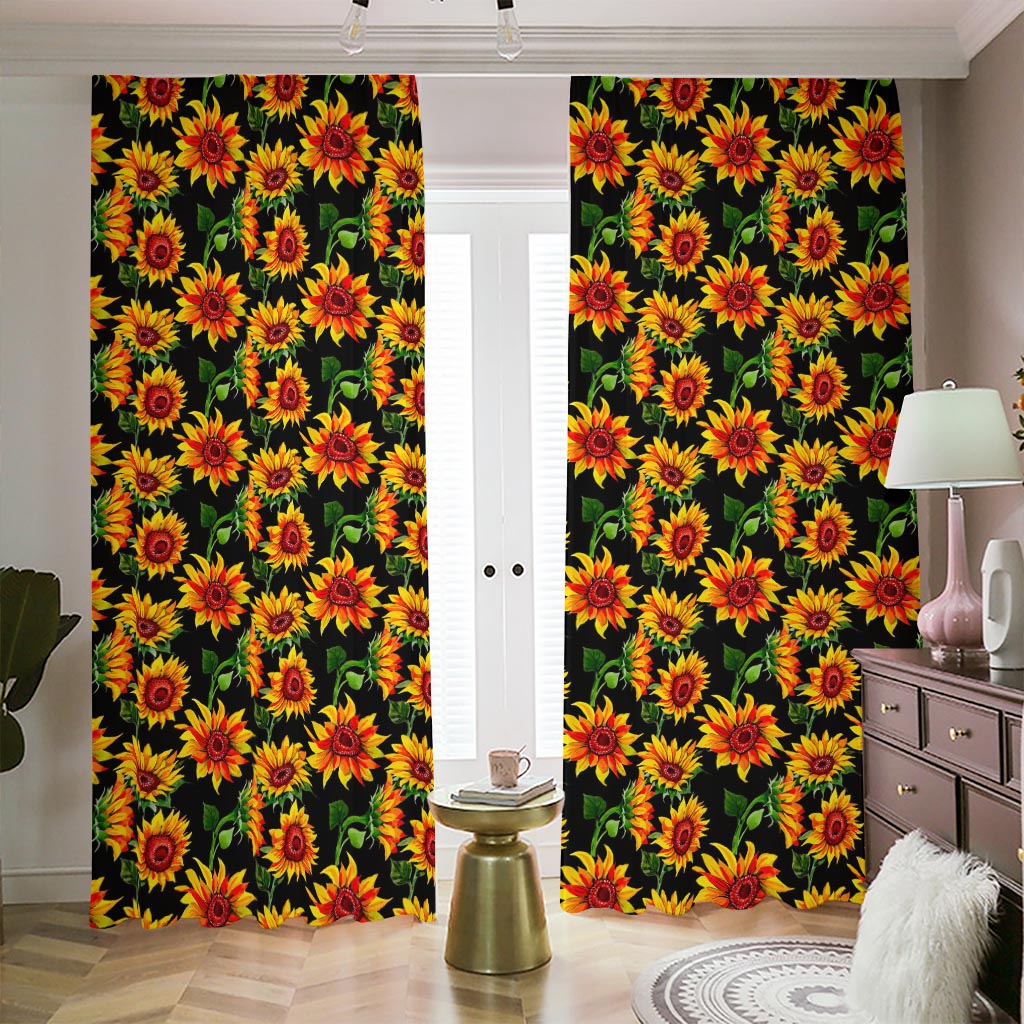 Black Autumn Sunflower Pattern Print Blackout Pencil Pleat Curtains